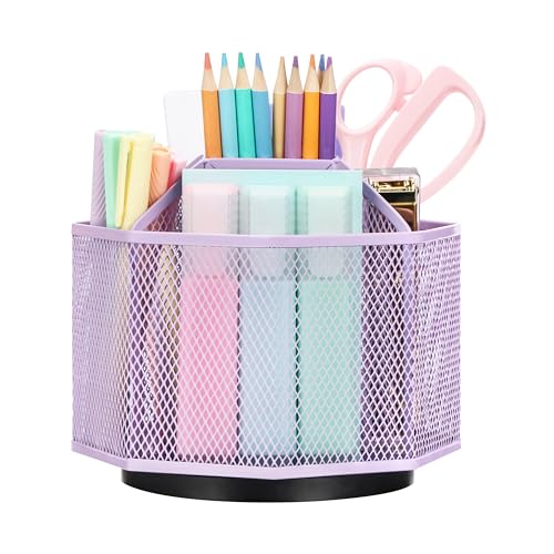 Exerz Desk Organizer 360 Rotating Pen Holder Storage Caddy Light Purple | Smooth Spinning Base With Open Mesh Sections Easy Access To Pens Brushes Scissors Daily Desk Tools - color: Light Purple