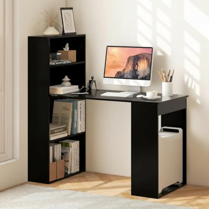 Tangkula Computer Desk with Bookshelf, Writing Study Desk with Storage Shelves & CPU Stand, Modern Compact Computer Workstation for Home & Office, Space-Saving Design (Black) | Bookcase Desk w/Bookshelf Storage Shelves & CPU Stand, Space-Saving Design Mod