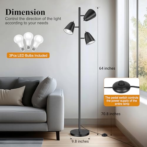 QiMH Tree Floor Lamp with 3 Light Bulbs, Standing Tall Pole Lamps for Living Room Bedroom Office, Reading Stand up Lamps with 3 Adjustable Arms, Black - color: Black