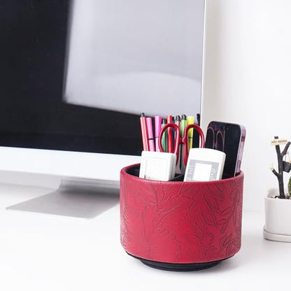 Round Leather Art Supply Organizer,Remote Control Holder,360 Degree Spinning,Multi-Functional Pencil Holder,4 Compartments Desktop Stationary Organizer(1-Carved Red) - color: 1-Carved Red