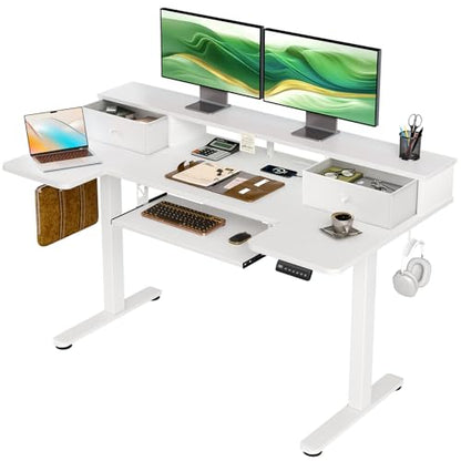55 Inch U Shape Standing Desk with Keyboard Tray & Drawers, White | Power Outlet, Dual-Monitor Stand, LED Light, 3 Presets, 28.3"-46.5"in Range, 154 lb Capacity - color: White With Drawers, size: 55 Inch