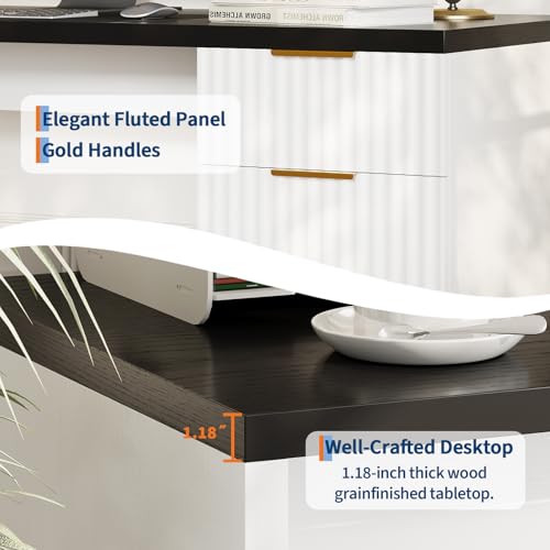 Garvee Executive Desk with Drawer and Power Outlet | 61" Large Farmhouse Computer Desk Home Office Wood Executive Desk with Adjustable Shelf for Work Study Writing,White/Black - color: White-black