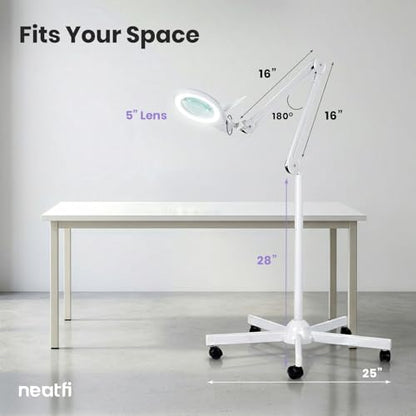 Neatfi LED Magnifying Floor Lamp 1,200 Lumens – 5” Bifocal Glass Lens, Dual Magnification 2.25X + 6X, Dimmable Task Light | Adjustable Arm, Rolling Base | Reading, Crafting & Sewing (White, 5 Inches) - color: White, size: 5 Inches