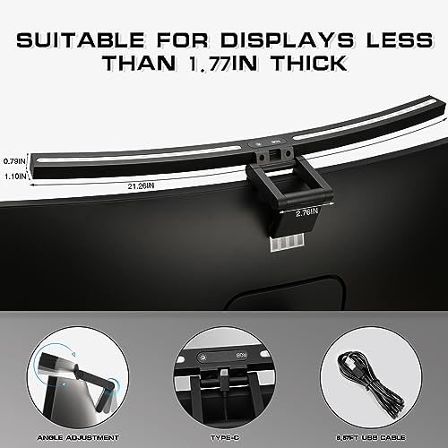 Curved Monitor Light Bar with RGB Backlight, 3 Color Temperature and Stepless Dimming, Music Sync LED Screen Strip with Touch Control Buttons for Computer Screens
