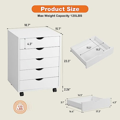 5 Drawer Mobile File Cabinet Under Desk Storage Organization with Wheels Vertical Filing Chest Rolling Wood Small Desk Printer Stand for Home Office, White