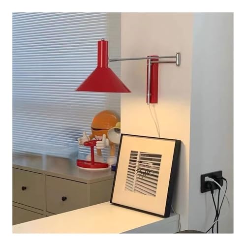 Red Industrial Plug in Wall Sconce - Swing Arm Wall Lamp with On/Off Switch, Adjustable Angle, E27 Socket, Metal Wall Light for Bedside Reading, Desk, Office, Hallway Lighting