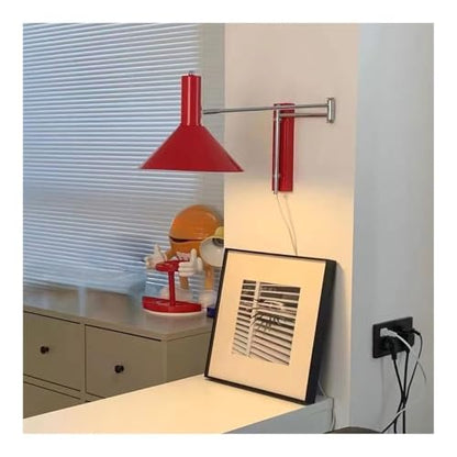 Red Industrial Plug in Wall Sconce - Swing Arm Wall Lamp with On/Off Switch, Adjustable Angle, E27 Socket, Metal Wall Light for Bedside Reading, Desk, Office, Hallway Lighting