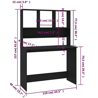 Desk with Shelves, Black Engineered Wood Small Space Desk, 43.3x17.7x61.8 Inches, Vertical Design with Split Levels for Folders, Documents, and PC Equipment - color: Black