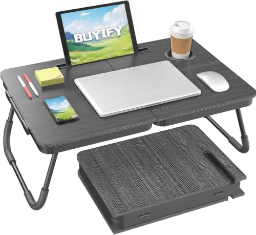 BUYIFY 23.4" Foldable Lap Desk Bed Table with Cup Holder Tray Charcoal - color: Charcoal
