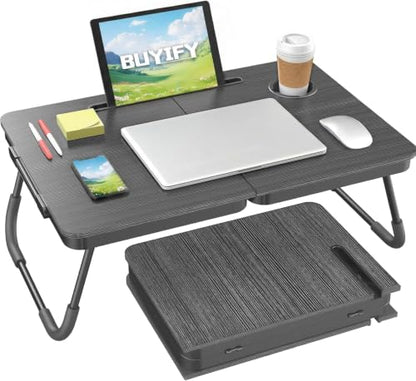 BUYIFY 23.4" Foldable Lap Desk Bed Table with Cup Holder Tray Charcoal - color: Charcoal