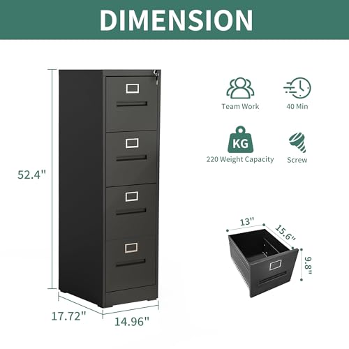 4 Drawer Vertical File Cabinet for Home Office, Metal Filing Cabinet with Lock for Legal/Letter Size Hanging File Folders, Anti-Tipping, Assembly Required (Black)