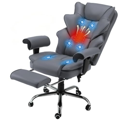 Grey Ergonomic Office Chair | 6-Point Vibration Massage & Heat, Reclining Executive Chair, Adjustable Footrest and Armrests, PU Leather Big and Tall - color: Grey