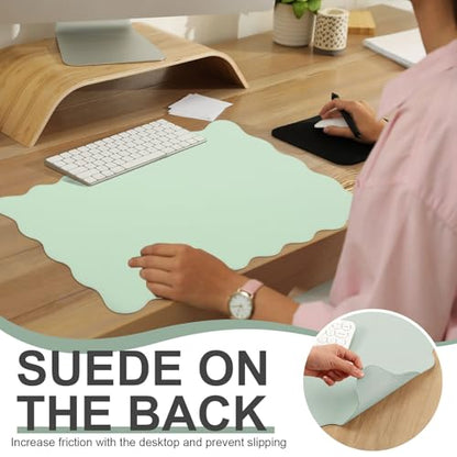 Tellegloww Scalloped Desk Mat Leather Desk Pad Protector Non-Slip PU Leather Table Protector Waterproof Mouse Pad Keyboard Mat Curly Mousepad PC Accessories Gift for Office Home (Sage Green)