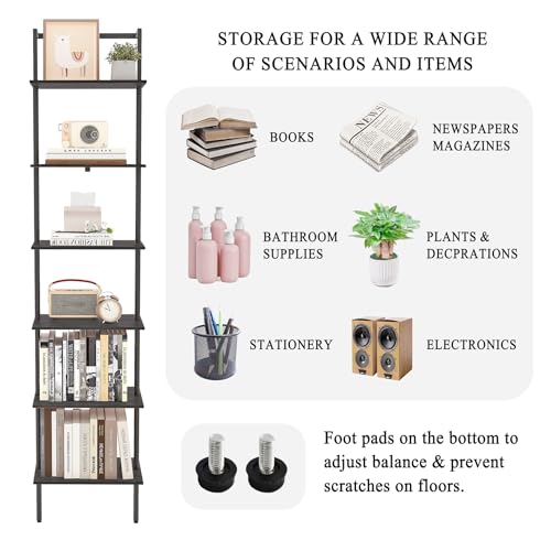 6-Tier Wall Mounted Ladder Shelf, Black, 77" H - color: Black, size: 6 Tier