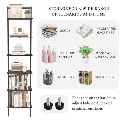 6-Tier Wall Mounted Ladder Shelf, Black, 77" H - color: Black, size: 6 Tier