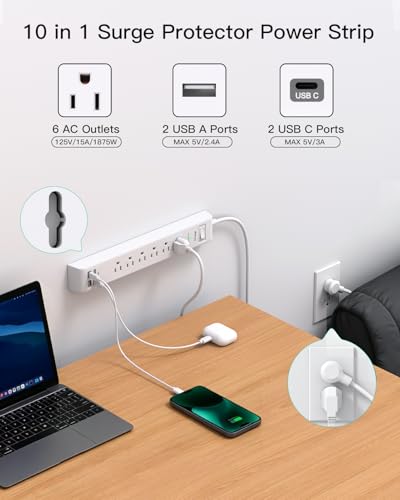 2 Pack Power Strip, 5FT Extension Cord, Surge Protector with 6 Outlets and 4 USB Ports (2 USB C), Flat Plug Overload Protection, Extension Cord with Multiple Outlets, Wall Mount for Home Dorm College - size: 5FT, style: Round Cord & Right Angle Plug