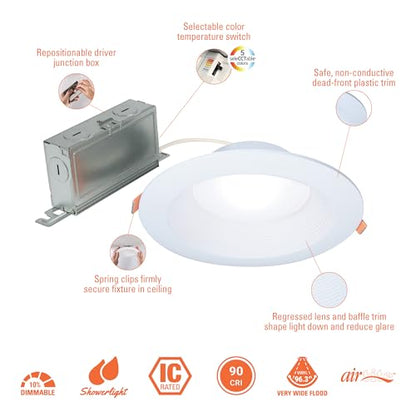 HALO LT 6 inch Baffle Canless LED Recessed Light 5CCT 750 lm | Low glare, IC rated, airtight, wet rated for soffit /shower light, 2700K-5000K, New Construction / Remodel, Dims to 10% - size: 6 inch, style: 5CCT New Version