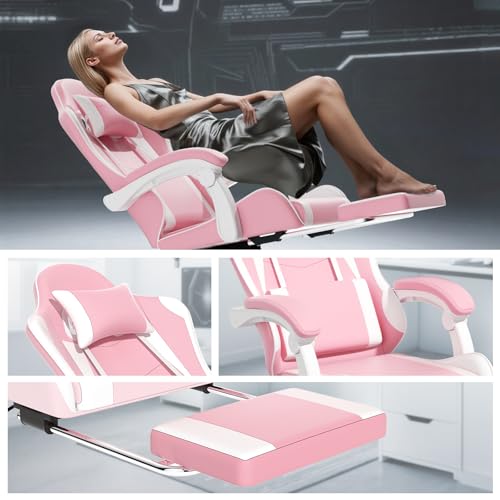 Athena Collection Ergonomic Gaming Chair for Adults, Pink | Height Adjustable Office Chair Computer Desk Chair with Footrest & Headrest Lumbar Support for Office & Home, 350lbs - color: Pink & Wihte
