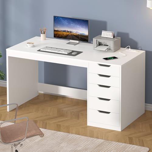 47 Inch Computer Desk with 5 Drawers and Power Outlets for Small Spaces - color: White, size: 47inch-5drawers