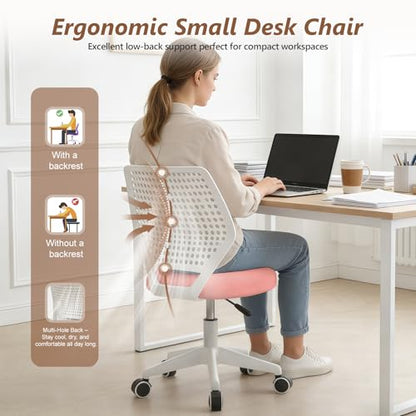 Small Office Chair with Wheels, Armless Desk Chair Height Adjustable Swivel Rolling Task Chair Breathable Mesh Ergonomic Computer Work Chair for Adult, Pink