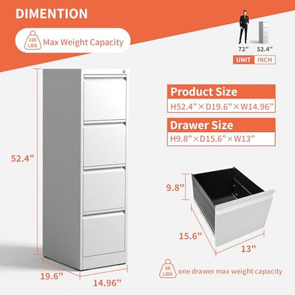 IKIMI 4 Drawer Metal File Cabinet with Lock,White Office Filing Cabinets - color: White, size: 4 Drawers