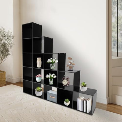 5-Tier Stepped Bookshelf, 15 Cube Storage Organizer, Freestanding Ladder Bookcase, L-Shaped Corner Shelf, Room Divider Shelf, 57.5" Tall Modern Display Shelf for Home Office Living Room - size: 15-Cube/L-Shaped