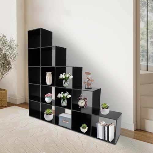 5-Tier Stepped Bookshelf Ladder Cube Storage Cabinet, Black, 15 Cubes - color: Black, size: 15 Cubes