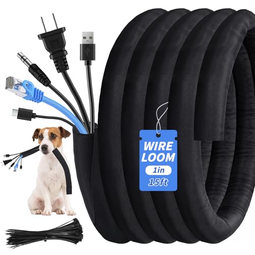 15ft - 1in Split Braided Sleeve Cable Management, Self-Wrapping | Flexible loom tubing protects wires from abrasion and heat. Great for automotive, TV, computer, and home electrical use. - size: 1inx15ft