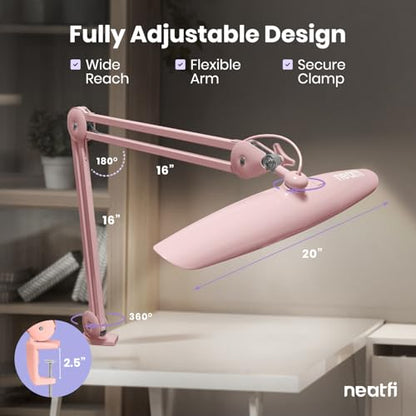 Neatfi LED Desk Lamp, 2200 Lumens, 24W, 20-Inch Head (Rose Gold) - color: Rose Gold, size: Non-CCT with Clamp