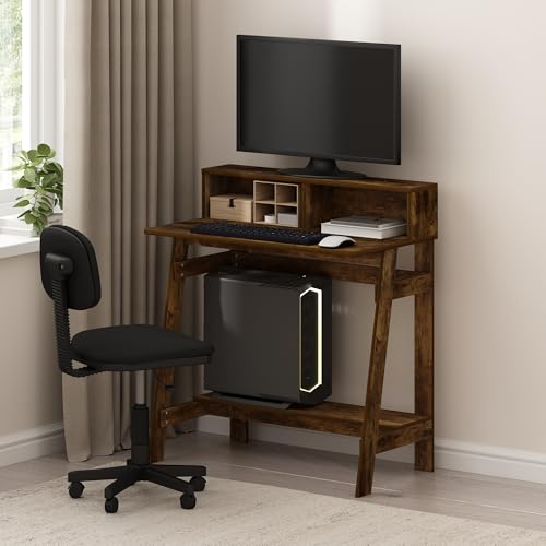 Furinno Simplistic 32" Wide Desk, Gaming Desk with Shelf, Amber Pine | with Monitor Stand, A Frame Computer Desk, Office Desk, for Home Office, Bedroom, Study Room, Dorm - color: Amber Pine, size: 32 inches