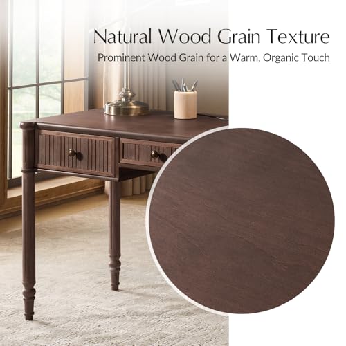 HULALA HOME 60 Inches Fluted Writing Desk with Charging Station, Walnut - color: Walnut