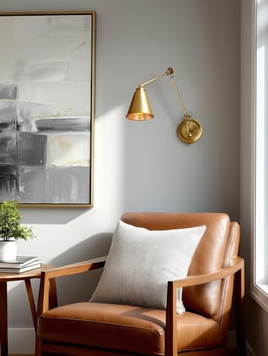 Kira Home Ellis 18" Modern Swing Arm Wall Sconce for Bedroom, 2-Pack | Cone Metal Shades, 2-in-1 Plug In or Hardwired Vintage Library Style Gold Wall Lamp, Warm Brass Finish