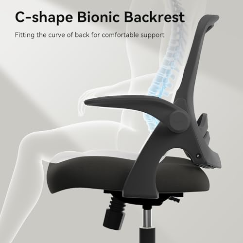 Hbada Office Desk Chair with Flip-Up Armrests and Saddle Cushion, Ergonomic Office Chair with S-Shaped Backrest, Swivel, Mesh, Black - color: Black