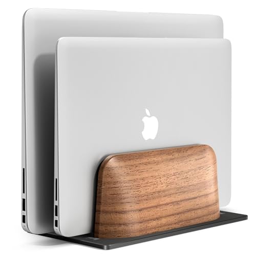 UPERGO Vertical Laptop Stand, Dual Slot Wooden Laptop Holder Vertical for Desk, Width Adjustable Dock for MacBook Pro and Other Laptops | Solid Walnut & Aluminum, Width Adjustable 0.47"-1.1", Anti-Scratch Silicone Pads, Handcrafted
