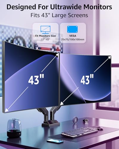 MOUNTUP Dual Monitor Stand for Max 43 inch Screens, Ultrawide Monitor Arm Height Adjustable, Heavy Duty Dual Monitor Mount, Full Motion Premium Monitors Arm, Holds 2.2 to 33 lbs, VESA Desk Mount