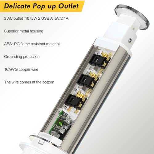 Pop Up Outlet for Countertop, Receptacle Power Strip with 3 AC Outlet 2 USB Ports, Pull Pop Up Power Socket Outlet, 2.5" Hole Recessed Outlet for Kitchen Counter Conference Desk Office, White - color: White