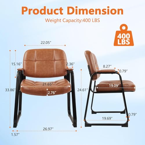 CLATINA Big Tall 400 lbs Waiting Room Chairs with Padded Arms Leather Guest Chair no Wheels for Office Reception Lobby and Conference Desk with Sled Base, Brown, 2PK - color: Brown, size: 2PK
