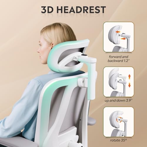 DEVAISE Ergonomic Mesh Office Chair with Adjustable 3D Headrest and Tilt Function, Big and Tall Reclining Comfy Home Computer Desk Chair with Lumbar Support and 3D Armrests, White