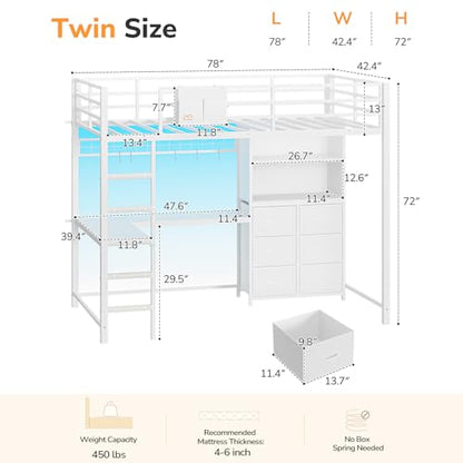 DICTAC Twin Loft Bed with L Shaped Desk,Storage Bookshelf & Drawers, White | Metal Loft Bed Features Charging Station, Smart RGB LED Lights and 6 Fabric Storage Drawers & Shelves, Safety Guardrail - color: White
