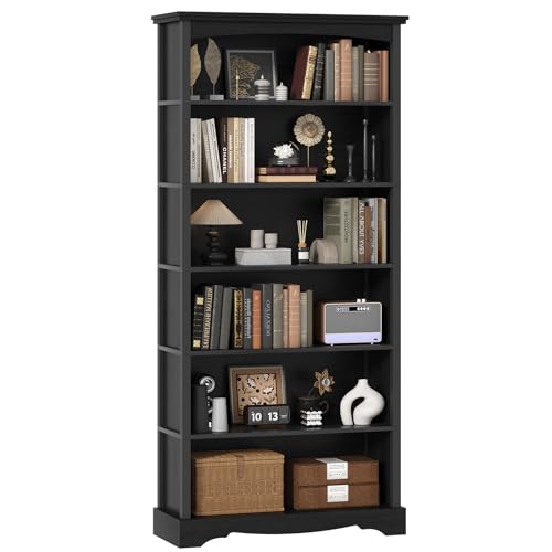 TVU 6-Tier Wooden Bookshelf, 76 Inch Tall Bookshelf with Storage, Floor Standing Modern Style Display Bookcase for Living Room, Office, Study Room, Entryway, Black - color: Black, size: 6 Tier