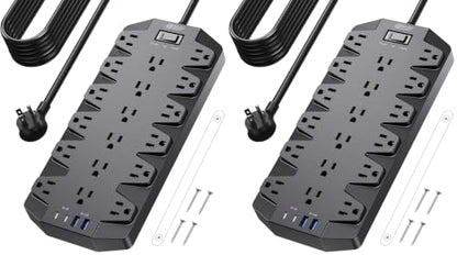 SUPERDANNY Power Strip Surge Protector,18 Outlets 15FT Flat Plug 1875W/15A (Pack of 2) - color: Black, size: 15 FT (Pack of 2)