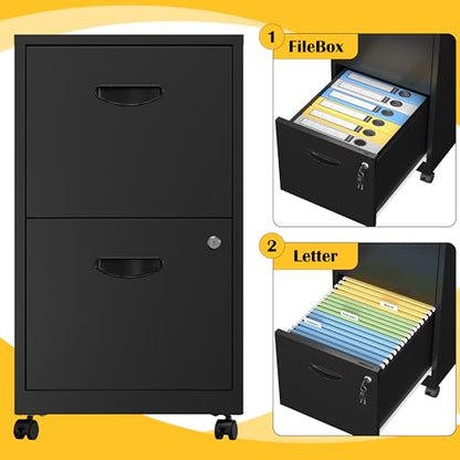 SteeLoong 2 Drawer File Cabinet,Metal Mobile File Cabinet with Lock Black | Filing Cabinet with Wheel,Vertical File Cabinet for Home Office,Under Desk Rolling File Cabinets for Hanging Letter/A4 - color: Black, style: 2 Drawer on Wheels