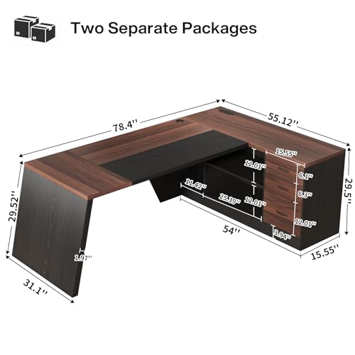 78-Inch L-Shaped Executive Desk with Drawer, Walnut Brown Black | Large Home Office Desk with Cord Hold and Power Outlet, Modern Computer Table with File Cabinet,Open Shelf and PC Stand - color: Walnut