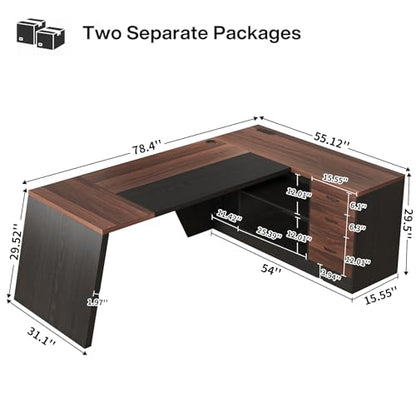 78-Inch L-Shaped Executive Desk with Drawer, Walnut Brown Black | Large Home Office Desk with Cord Hold and Power Outlet, Modern Computer Table with File Cabinet,Open Shelf and PC Stand - color: Walnut