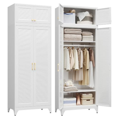 Steeloong 86"Armoire Wardrobe Close,Metal Wardrobe Cabinet with Hanging Rod | White Closet Cabinet with Doors and Adjustable Shelves,Freestanding Clothing Storage Cabinets for Bedroom Office,Gym,Hospital - color: White, style: 86"H Wardrobe