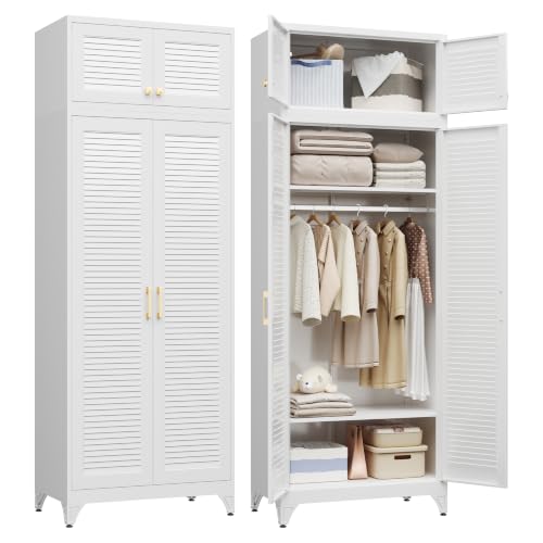 Steeloong 86"Armoire Wardrobe Close,Metal Wardrobe Cabinet with Hanging Rod | White Closet Cabinet with Doors and Adjustable Shelves,Freestanding Clothing Storage Cabinets for Bedroom Office,Gym,Hospital - color: White, style: 86"H Wardrobe