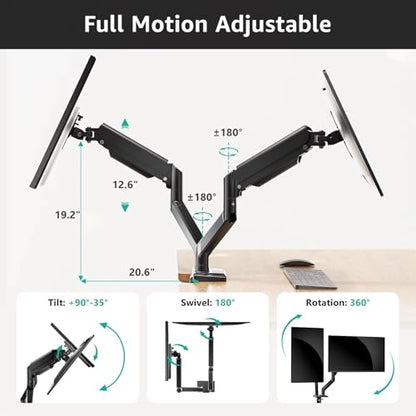 Dual Monitor Arm Desk Mount – Adjustable Gas Spring Monitor Stand for 13”–34” Screens, Full Motion Swivel, Tilt & Rotation, Heavy Duty VESA Mount for Gaming, Programming, and Office Setup - style: Dual Monitor Arm