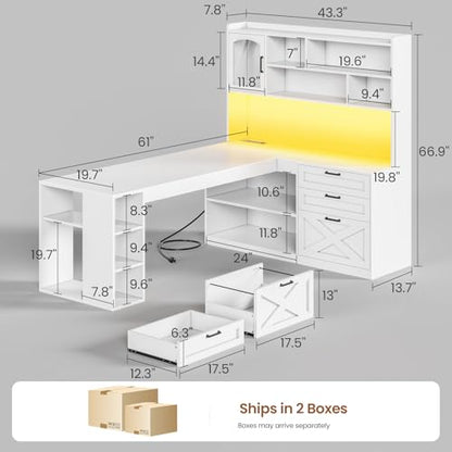 SEDETA Farmhouse 61” L Shaped Office Desk with Drawers, Storage Shelves - color: White, size: 61 inches