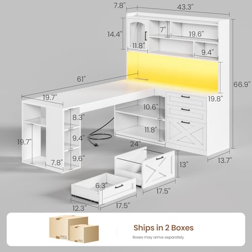 SEDETA Farmhouse 61” L Shaped Office Desk with Drawers, Storage Shelves - color: White, size: 61 inches