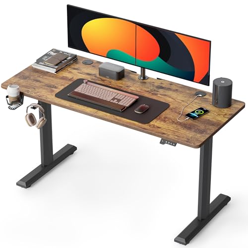 FEZIBO Height Adjustable Electric Standing Desk, 55 x 24 Inches Stand up Table, Sit Stand Home Office Desk with Splice Board,Rustic Brown